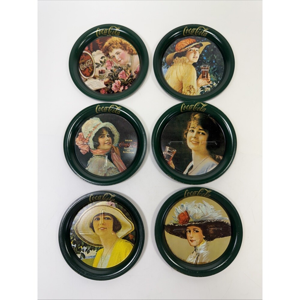 COCA COLA VTG Set 6 Metal Tin Coasters Victorian Calendar Ladies Green 1983 K1